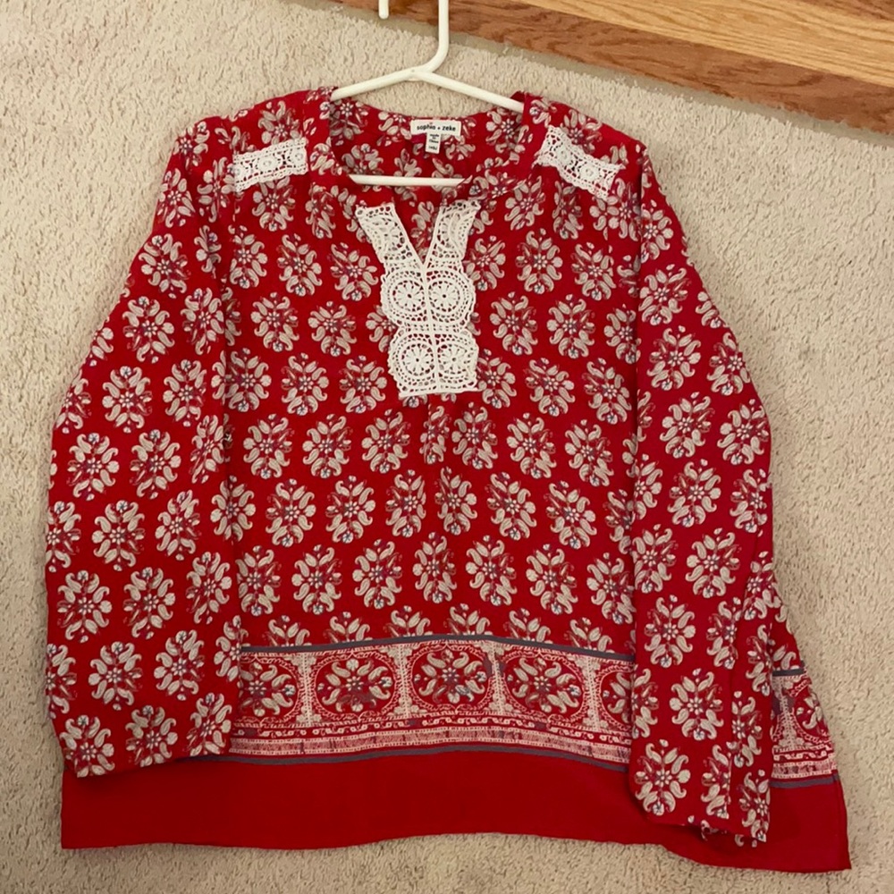 Sophia+Zeke Girls Red Floral Blouse, Youth Size L